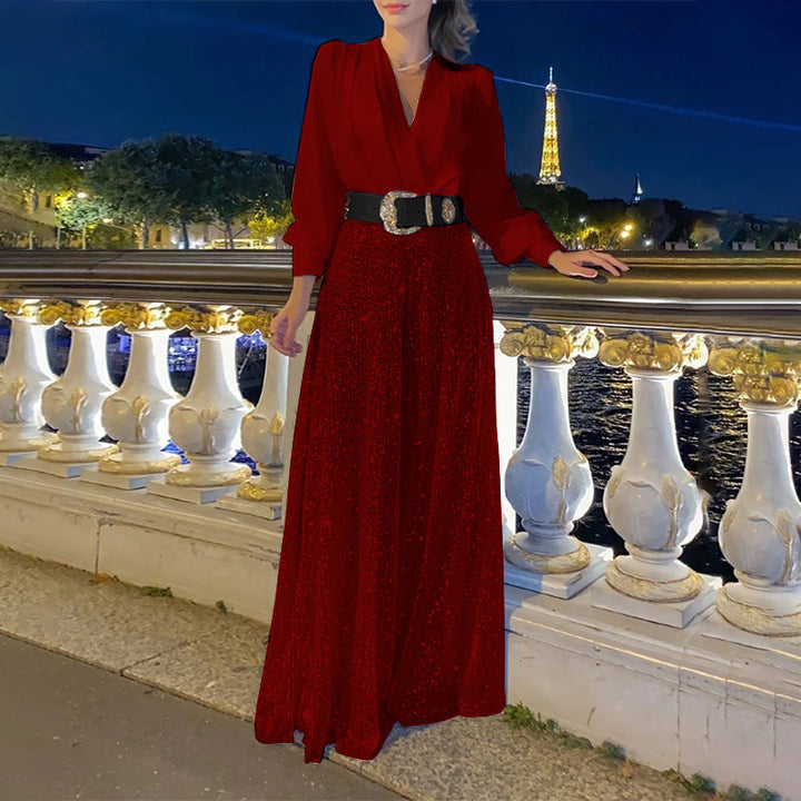 Women's Glamorous Evening Dress with Shimmering Top and Flared Skirt Lune London