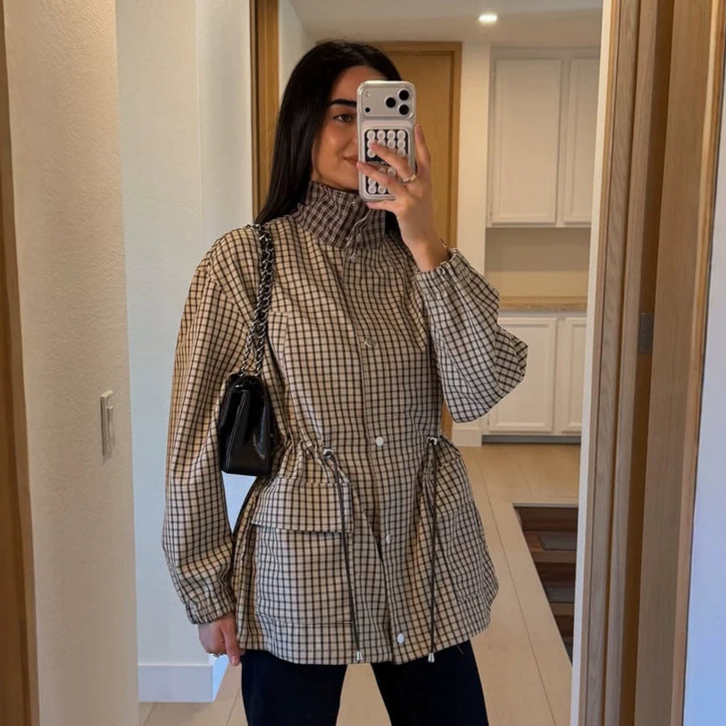 Women Checkered Waist Parka with Stand-up Collar, Drawstring, and Flap Pockets Amarae