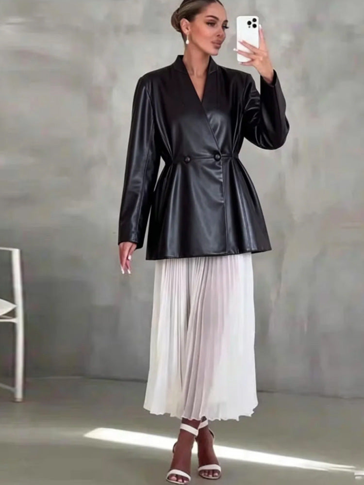 Women's Tailored Faux Leather Wrap Blazer with Flared Hem Amarae