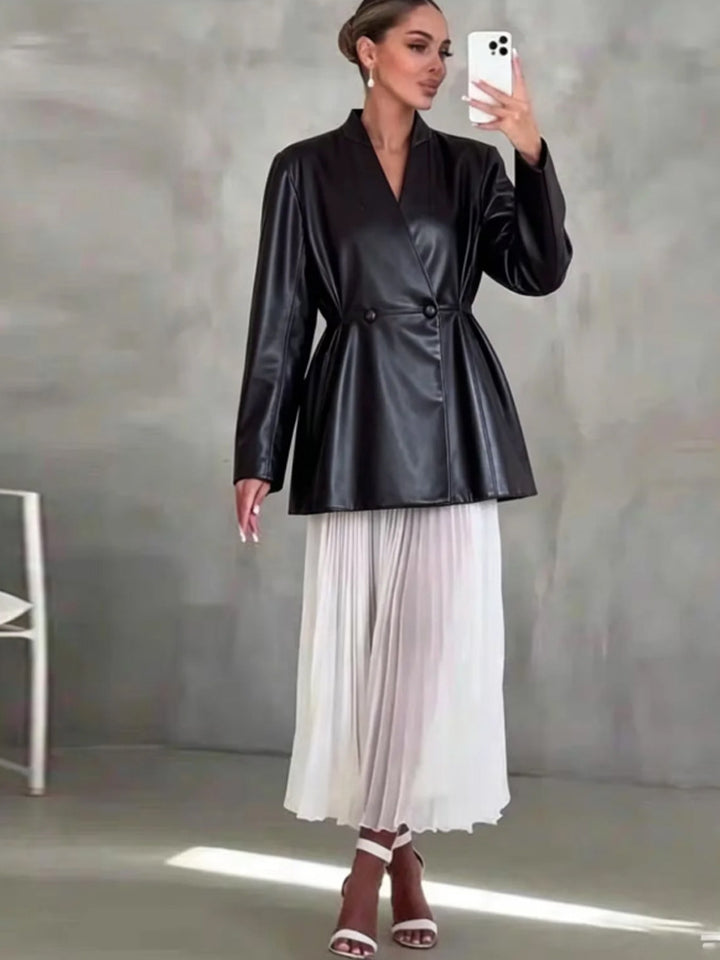 Women's Tailored Faux Leather Wrap Blazer with Flared Hem Amarae