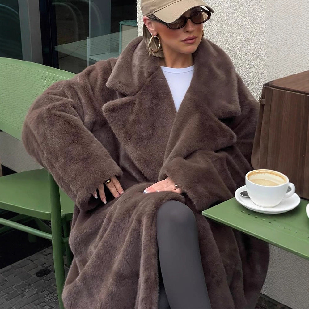 Women's Oversized Faux Fur Maxi Coat with Wide Lapels Amarae