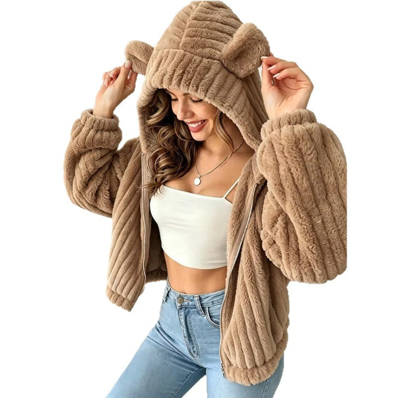 Women's Cozy Teddy Hooded Jacket with Plush Texture and Hood Ears Amarae