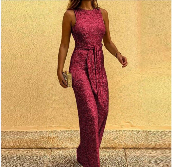 Women's Glamorous Maxi Dress with Shiny Sequin Trim and Elegant Waist Tie