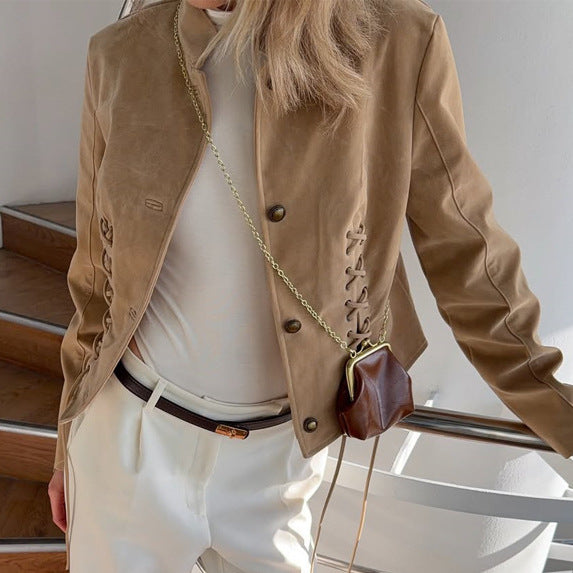 Women's short blazer made of suede with a fitted lace-up corset and stand-up collar Amarae