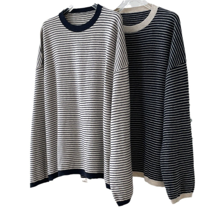 Women's Striped Fine Knit Sweater with Dropped Shoulder and Ribbed Collar Amarae