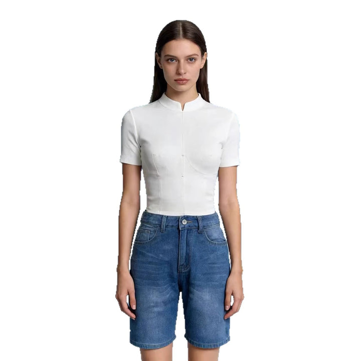 Women's fitted cropped top with stand collar and short sleeves Lune London