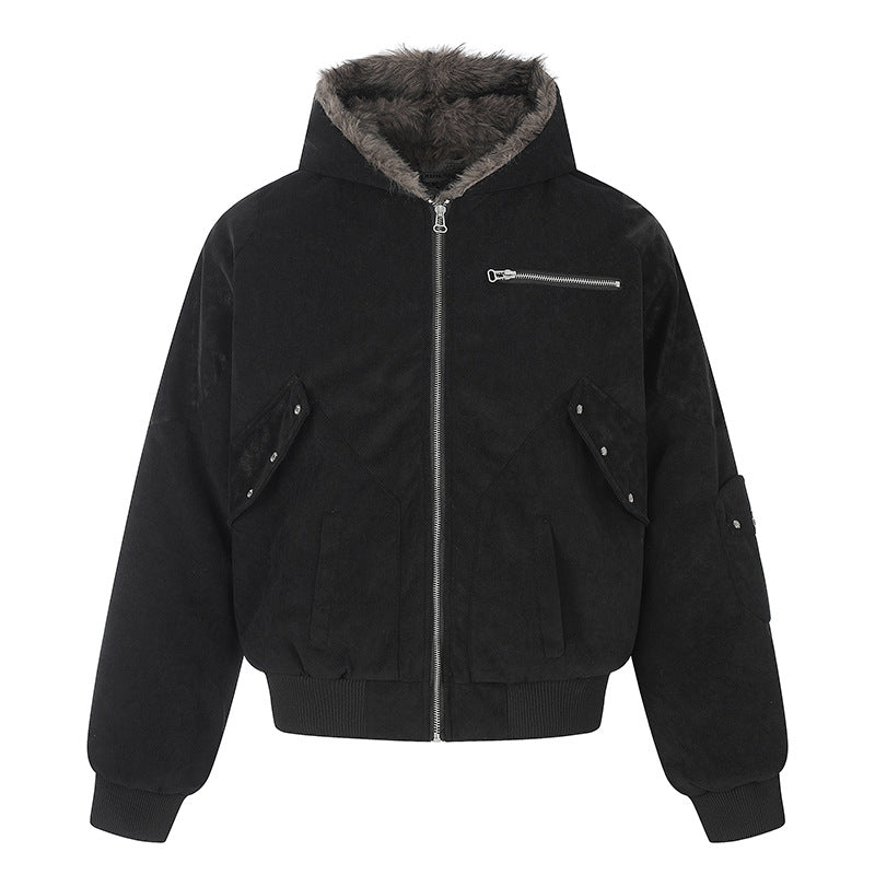 Ladies Oversize Velvet Bomber Jacket with Hood, Faux Fur Lining and Zipper Front Amarae