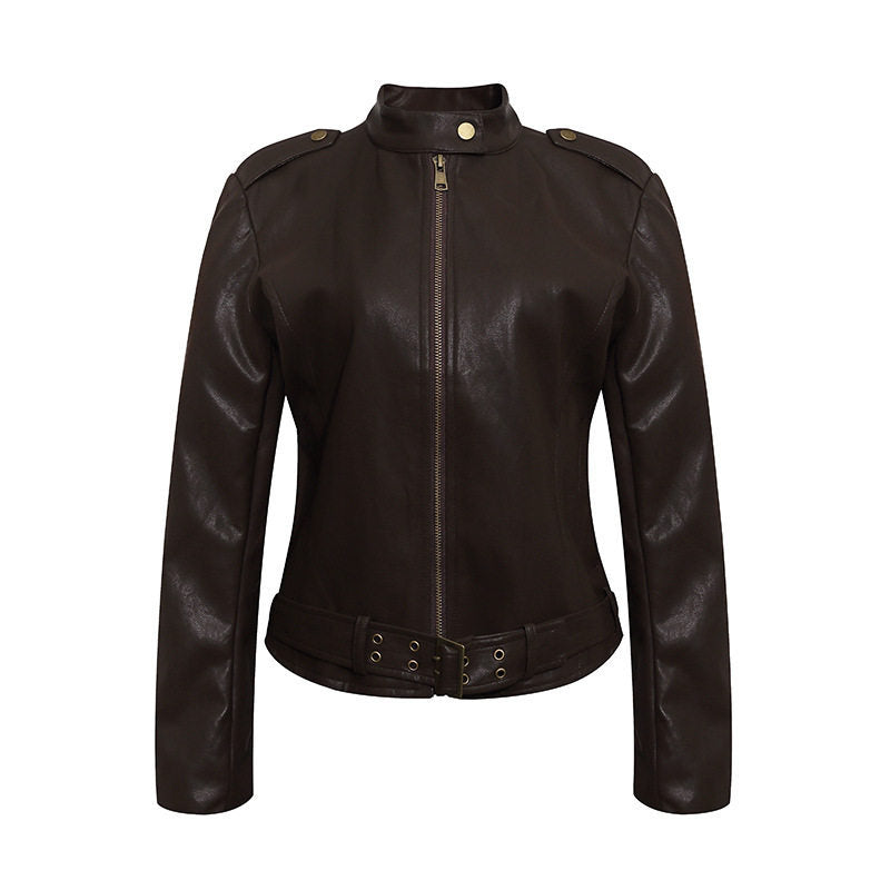 Women's Fitted Leather-Look Jacket with Stand-Up Collar, Epaulettes, and Waist Belt Amarae