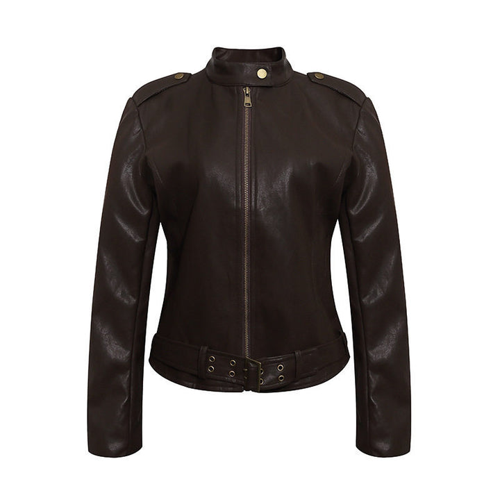 Women's Fitted Leather-Look Jacket with Stand-Up Collar, Epaulettes, and Waist Belt Amarae