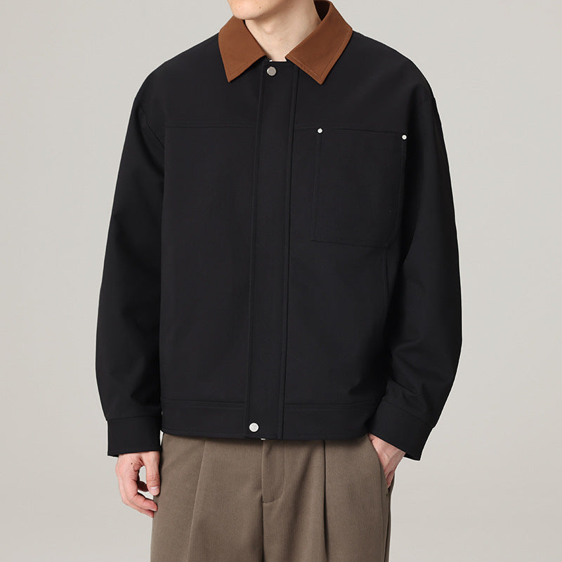 Men's short jacket in workwear look with contrast collar, concealed zipper, and chest pocket Amarae