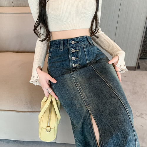 Jupe en denim longue pour femmes avec fente frontale Chic & Stil