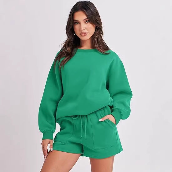 Women's Casual Two-Piece Lounge Sweatset with Oversized Round Neck Sweatshirt and High-Waist Relax Shorts Amarae
