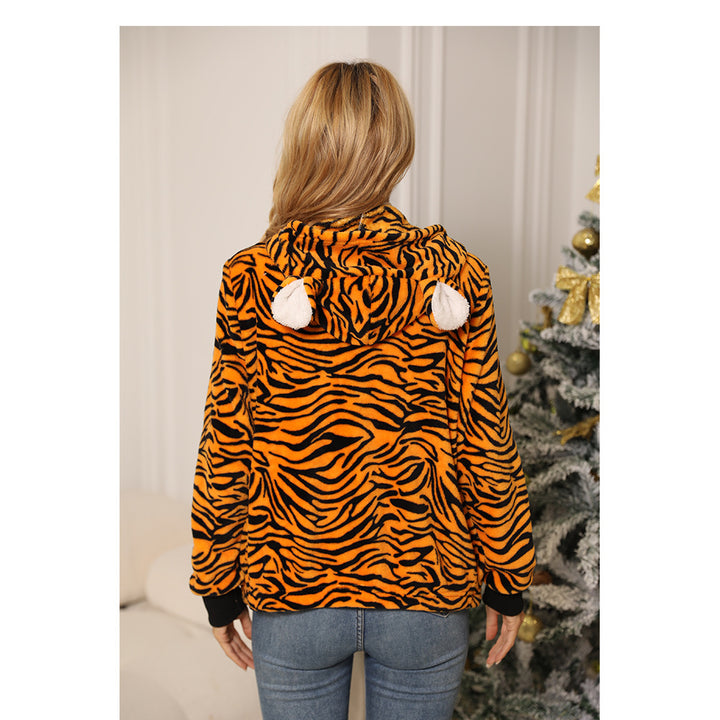 Women's plush coat with tiger design, high collar and side pockets