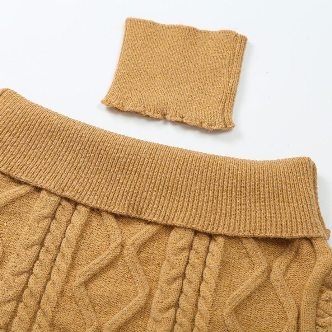 Women's Off-Shoulder Cable Knit Sweater with Wide Ribbed Cuff and Folded Collar Amarae
