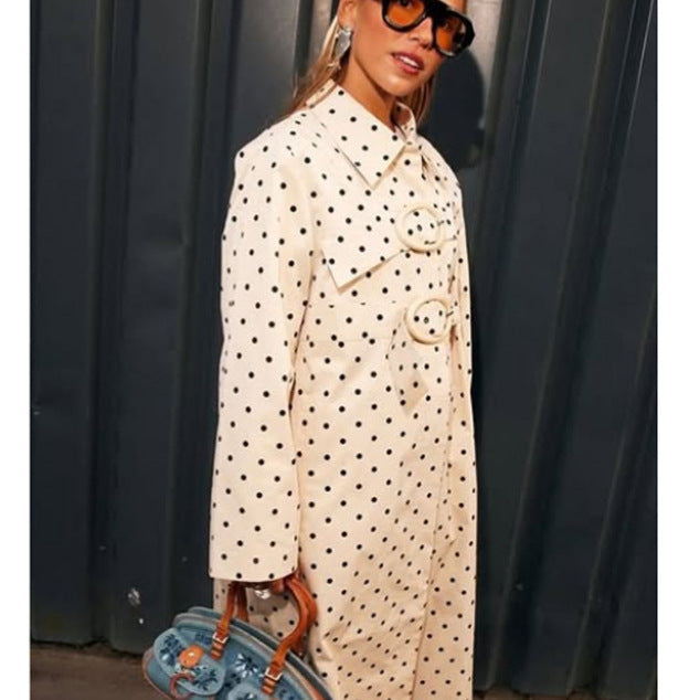 Women's Long Polka Dot Trench Coat with Oversized Lapels and Decorative Eyelets Amarae