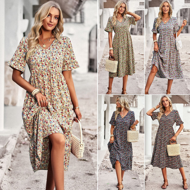 Women's Midi Dress with Floral Pattern and Playful V-Neck Lune London