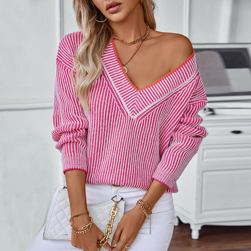 Knitted pullover for women with V-neck and striped design Amarae