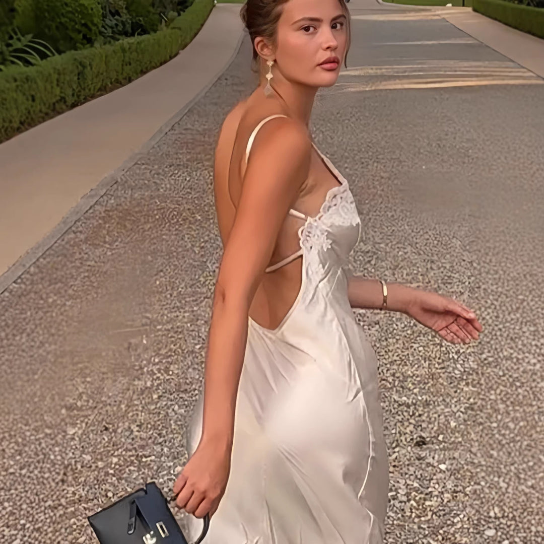 Ladies elegant satin maxi dress with lace trim and narrow strap design Lune London