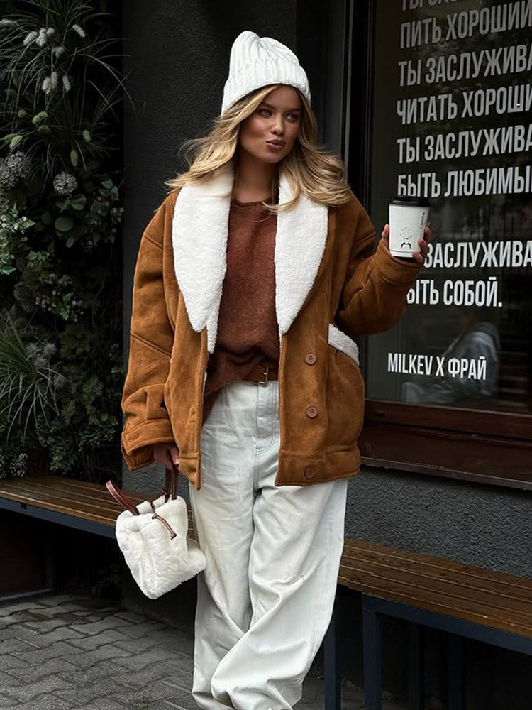 Women Oversized Sheepskin Imitation Jacket with Large Shawl Collar Amarae