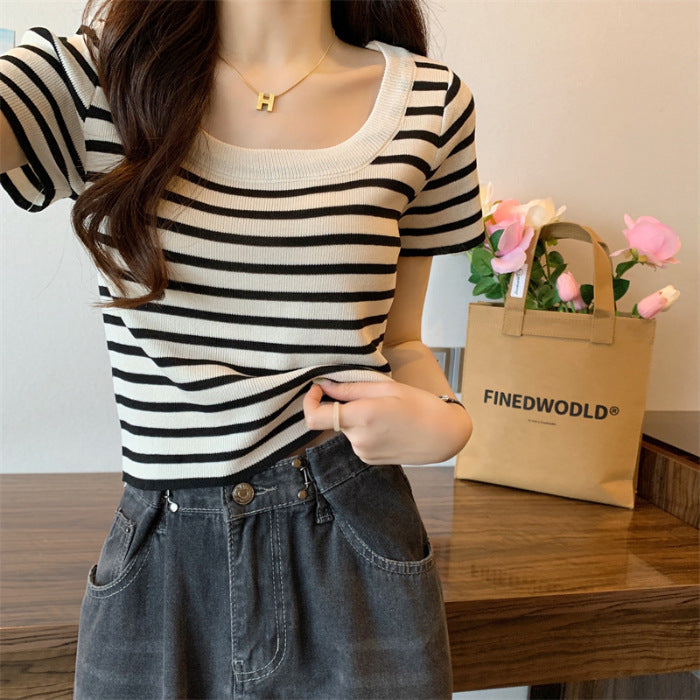 Women's cropped striped top with modern knot design and elastic hem Lune London