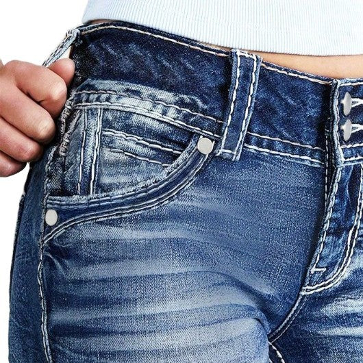 Women's high-waisted bootcut jeans with shaping waistband and visible button placket Amarae