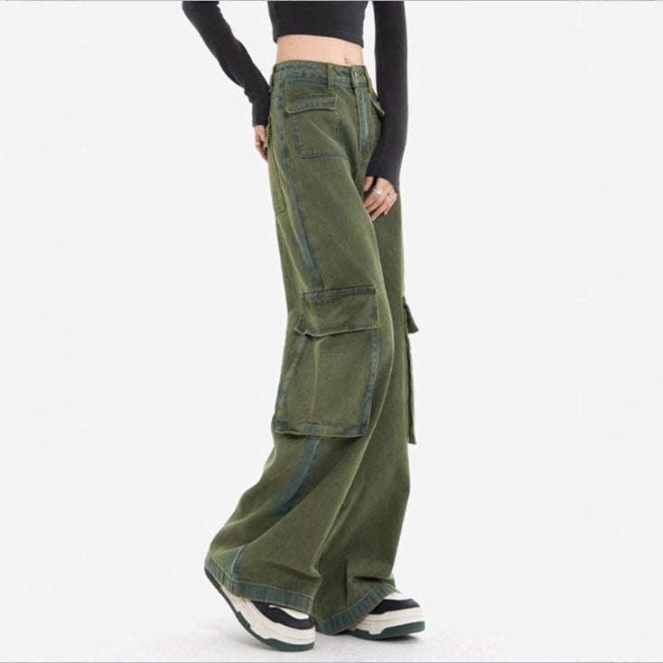Women's high-waisted cargo jeans with wide leg, multiple flap pockets and straight cut Amarae