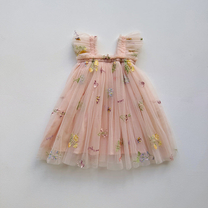 Girls Embroidered Tulle Party Dress with Ruffle Straps Lune London