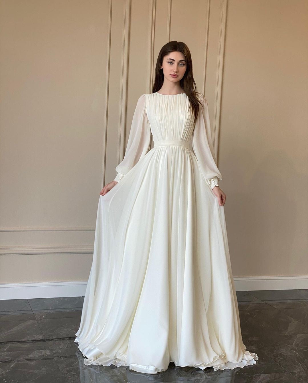 Lune London | Transparent White Wedding Dress Round Neck Long Sleeve Dress