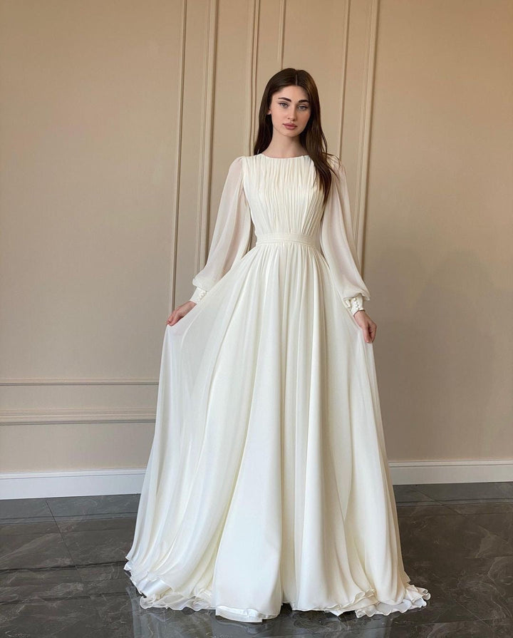 Lune London | Transparent White Wedding Dress Round Neck Long Sleeve Dress