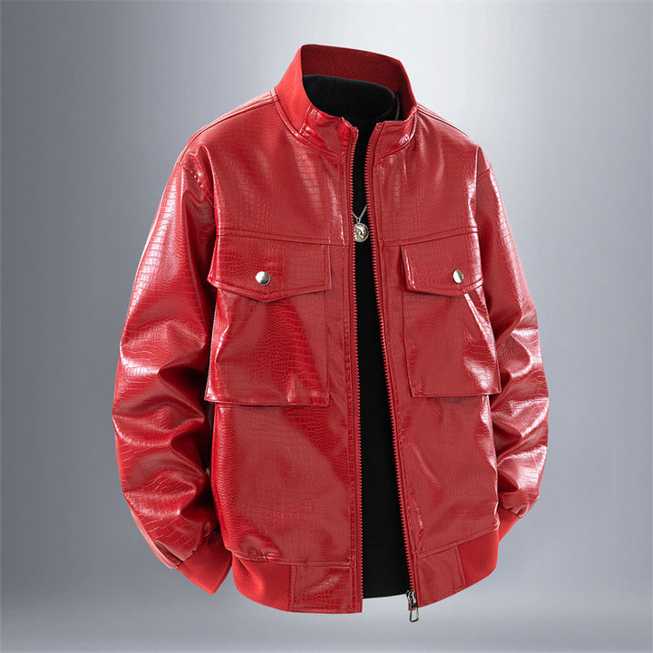 Men's faux leather bomber jacket with textured design and practical pockets Lune London