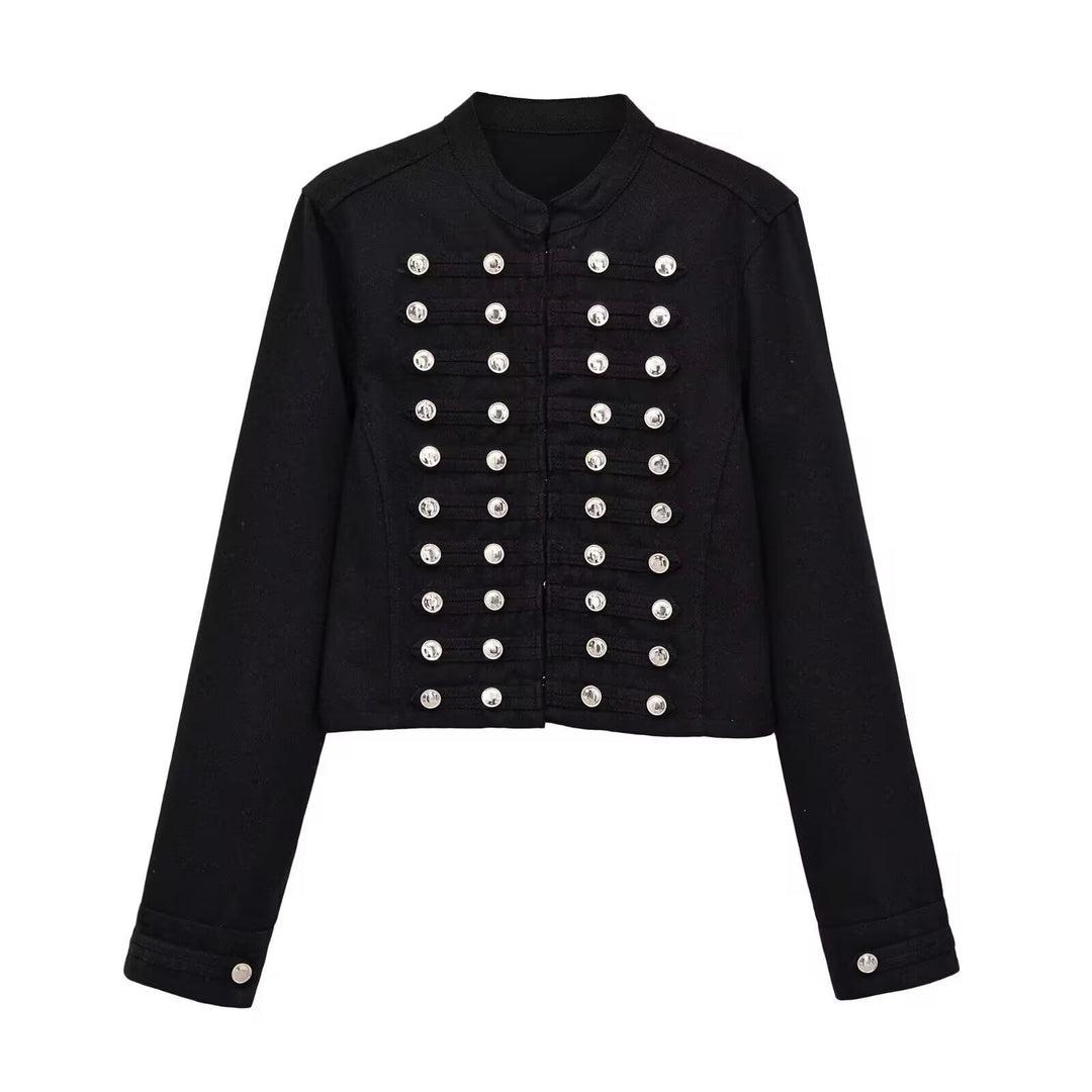 Women's military-style jeans jacket with stand-up collar and decorative button plackets Amarae