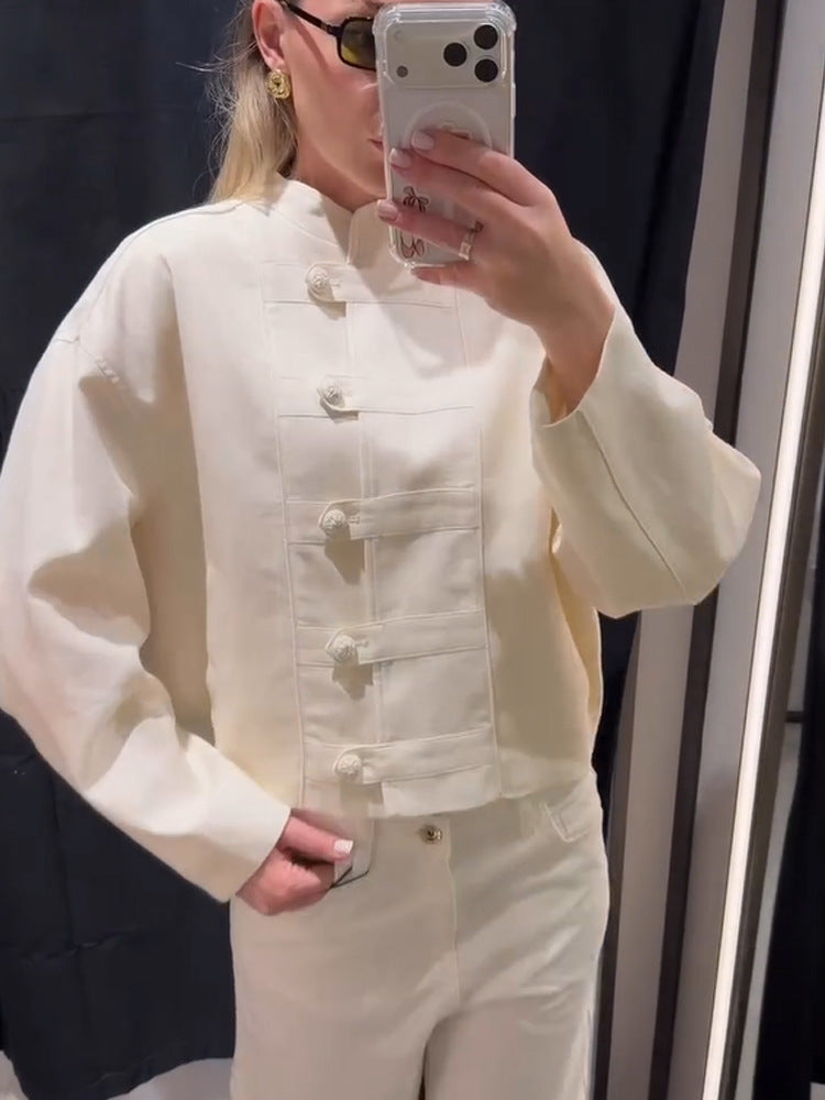 Women's Short Boxy Jacket with Mandarin Collar and Decorative Knot Button Placket Amarae