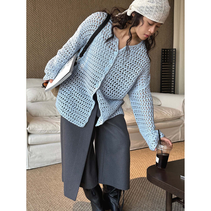 Women Crocheted Open Long Cardigan made of Cotton Blend with Hole Pattern and Button Placket Amarae
