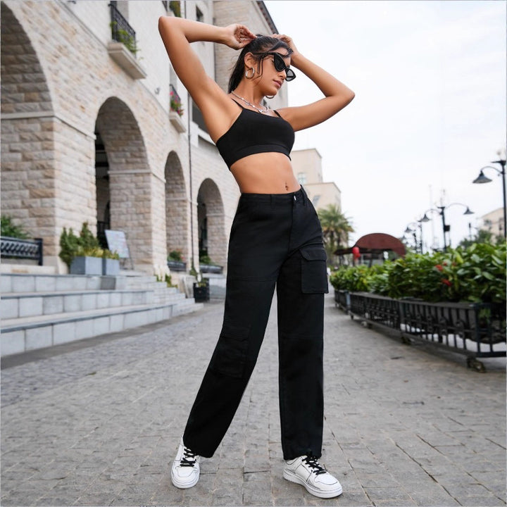 Women High-Waisted utilitarian Cargo Pants with Straight Leg and Multiple Pockets Amarae