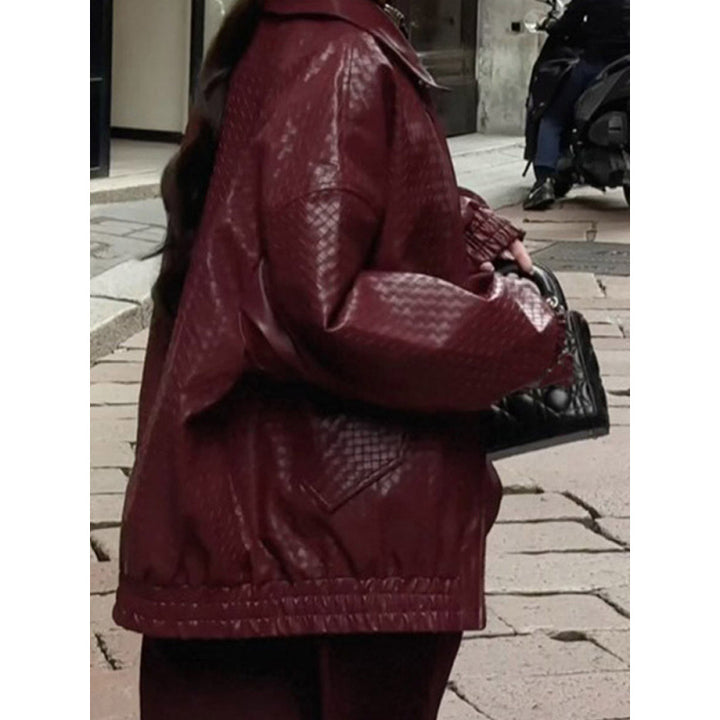 Women's Braided Faux Leather Bomber Jacket in Boxy Cut with Zipper Amarae