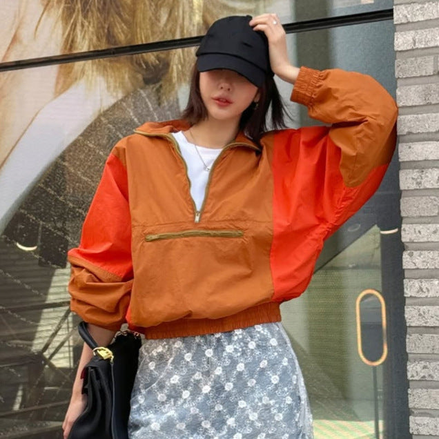 Women’s Short Cut Two-Tone Half Zip Utility Jacket with Elastic Hem and Zipper Pocket Amarae