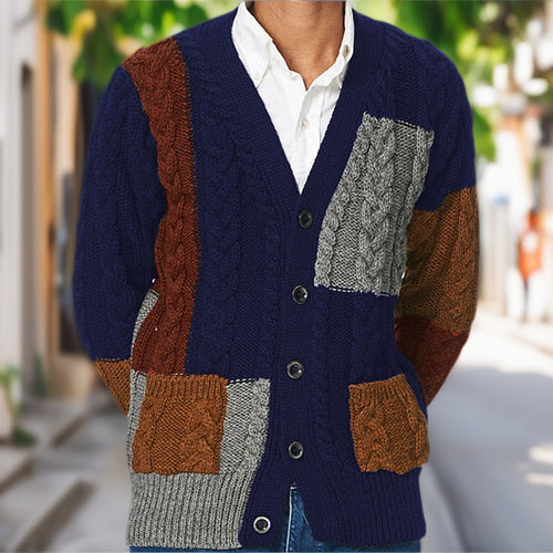 Men's knitted jacket with modern embossed pattern and matching pockets in Amarae color