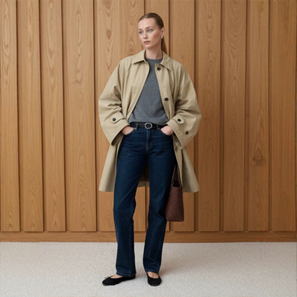 Women's Oversize Cotton Blend Trench Coat with Mid-Length, Straight Cut Amarae