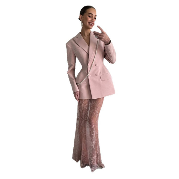 Women Tailored Double-Breasted Blazer with Emphasized Waist and Flap Pockets Amarae