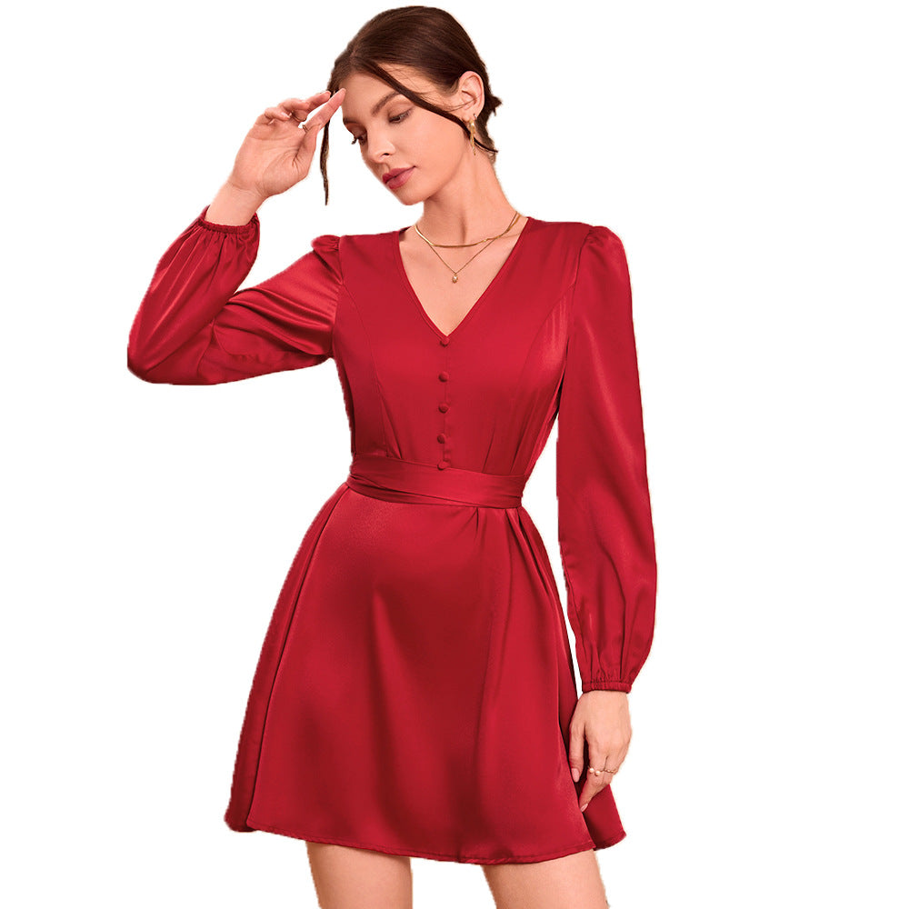 Elegant midi dress for women with V-neck and puff sleeves Chic & Stil
