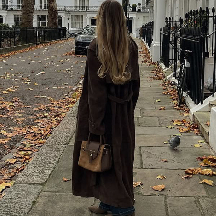 Ladies Long Cut Suede Trench Coat with Oversized Collar and Tie Belt Amarae
