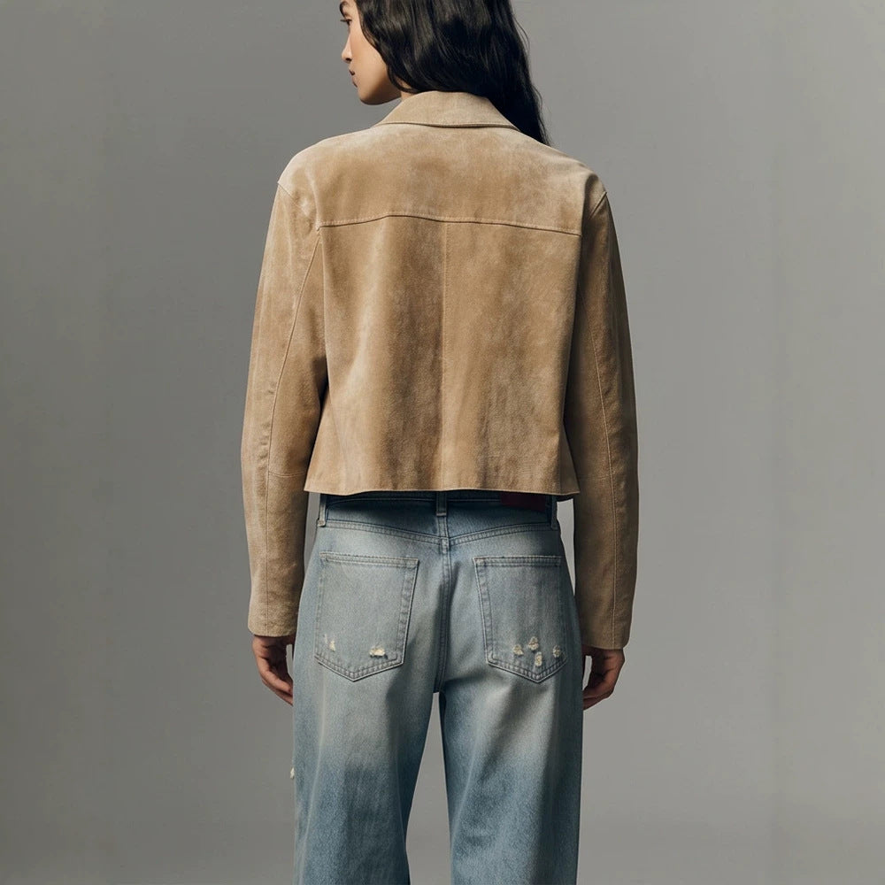 Women Short Suede Jacket in Clean-Cut with Patch Pockets Amarae