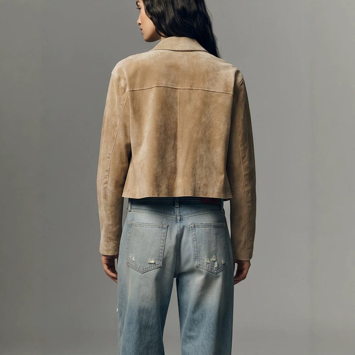 Women Short Suede Jacket in Clean-Cut with Patch Pockets Amarae