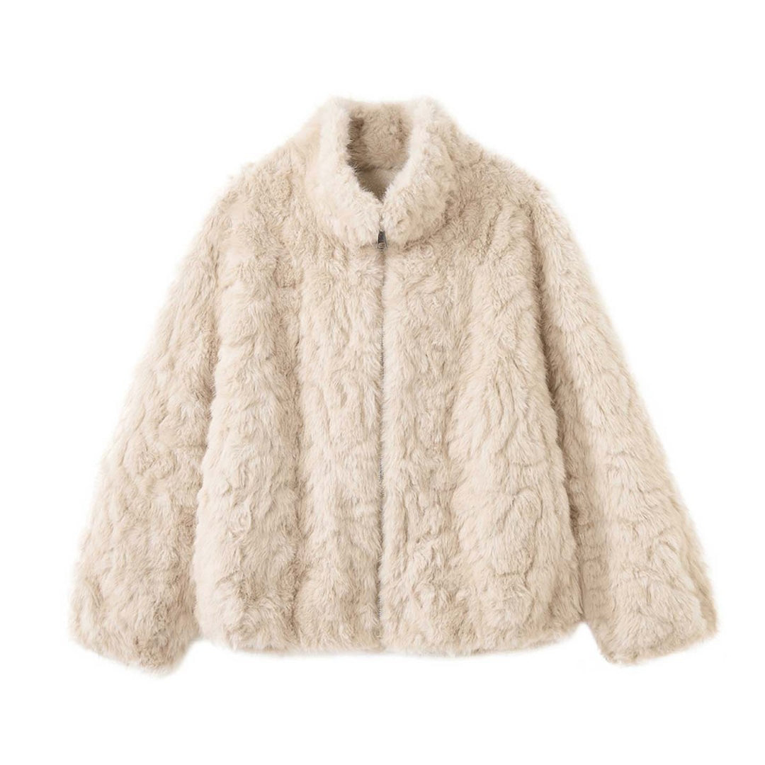 Women's Short Faux Fur Jacket with Stand-up Collar and Zipper Amarae