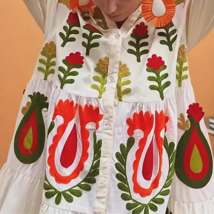 Maxi dress inspired by ethnic style for women with geometric embroidered pattern Lune London