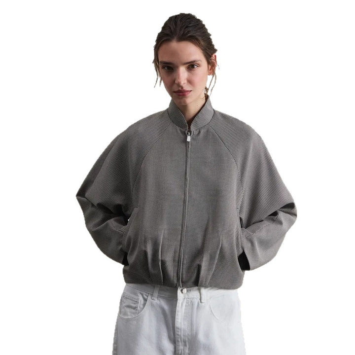 Women's short bomber jacket with raglan sleeves, stand-up collar, and fine houndstooth pattern Amarae