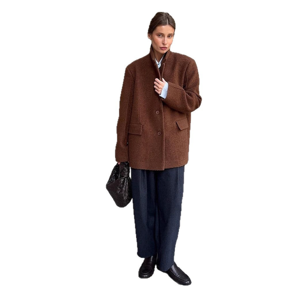 Women Boxy Wool Blend Short Coat with Textured Surface, Notched Collar & Flap Pockets Amarae