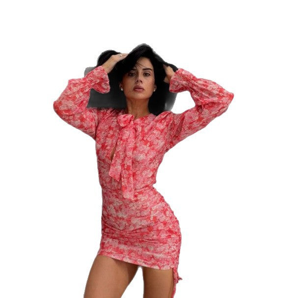 Women Floral Chiffon Mini Dress with Bow Collar, Transparent Volume Sleeves and Side Gathering Amarae