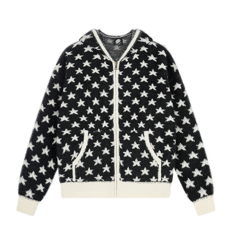 Women Fluffy Knit Zip Jacket with Allover Star Pattern, Kangaroo Pockets and Ribbed Cuffs Amarae