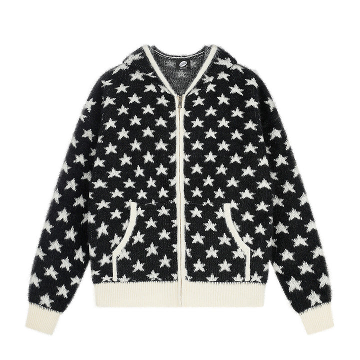 Women Fluffy Knit Zip Jacket with Allover Star Pattern, Kangaroo Pockets and Ribbed Cuffs Amarae